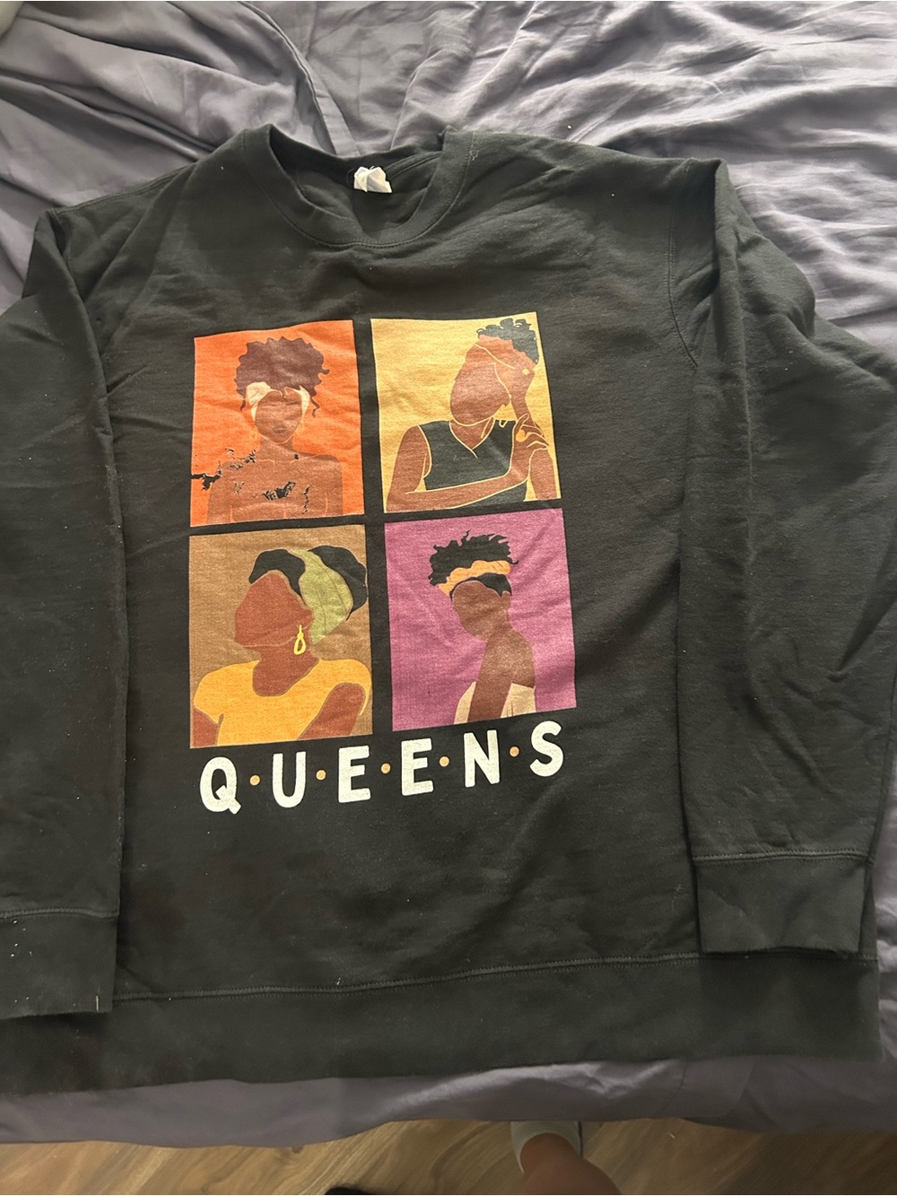 SHEIN Black 'QUEENS' Graphic Sweatshirt with Orange Yellow Purple Accents